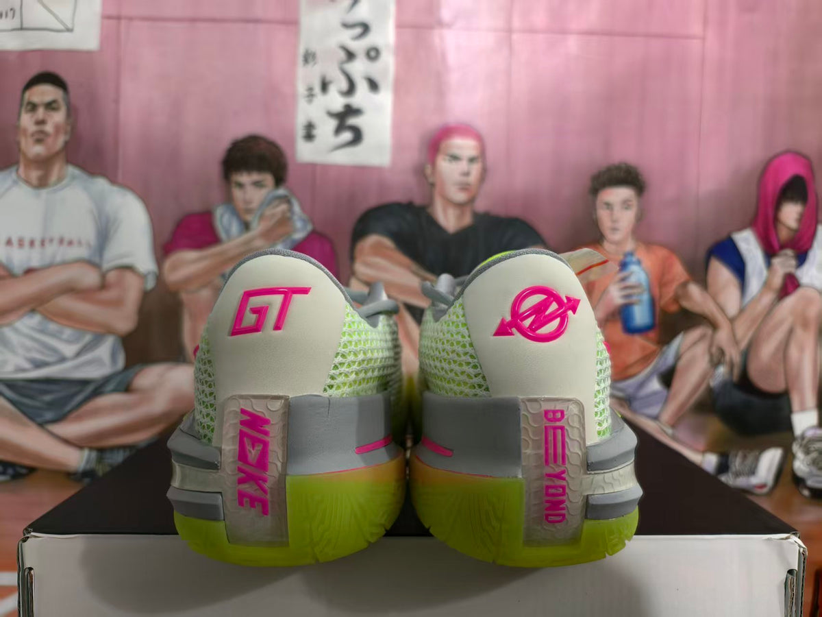 Rear view of white, gray, pink and volt-green Nike Sabonis PE basketball shoes