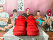 Front view of a pair of red Nike sneakers with matching laces.