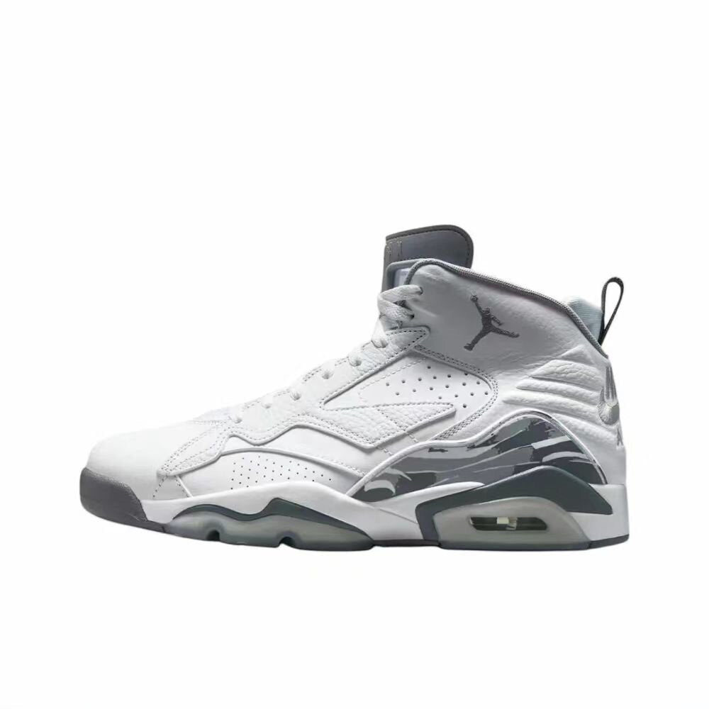 Side view of a white and gray Jordan high-top sneaker with layered panels, perforated detailing, dark accents, and a visible Jumpman logo.