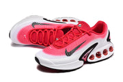 Top and angled views of red and white Nike Air Max sneakers