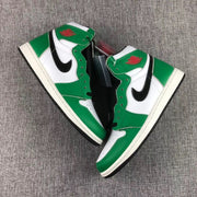 Pair of green, white, and black high-top sneakers viewed from above.