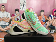 Pair of multicolor Nike basketball shoes shown from the side, with green and orange accents.