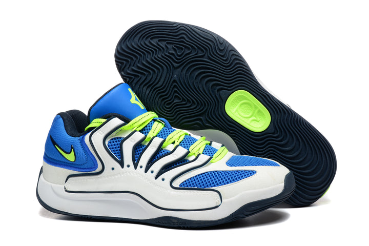 Nike 920 sneakers in white, blue, and neon green with a black patterned outsole.