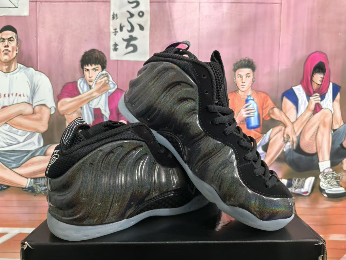 Pair of black Nike basketball sneakers with a reflective sculpted upper and translucent soles, displayed against an illustrated basketball backdrop.