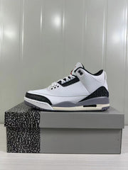 Opposite side profile of the white and grey Air Jordan 3 sneakers.