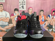 Front view showing black laces and overlays, purple starry panels, Nike branding, and translucent outsoles.