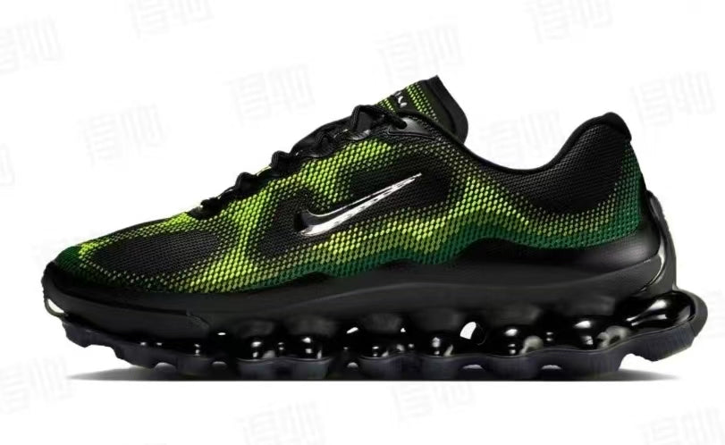 Side view of black Nike sneakers with a bright green patterned upper and sculpted black sole