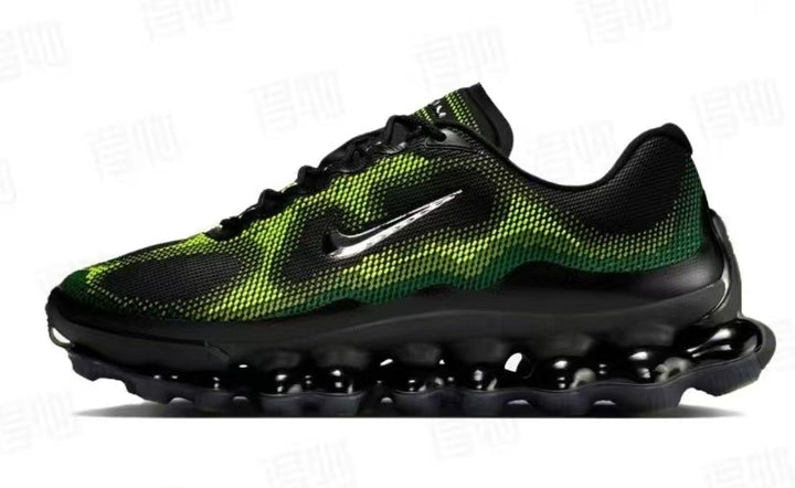 Side view of black Nike sneakers with a bright green patterned upper and sculpted black sole