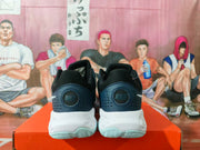 Rear view of blue and black Nike sneakers showing perforated heel panels, white midsoles, and pale blue outsoles.