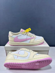Two views of the cream and white sneakers with pink branding and outsole, including a visible tread pattern.