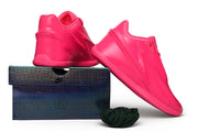 Vivid pink Nike KD 19 shoes shown beside a shoe box.