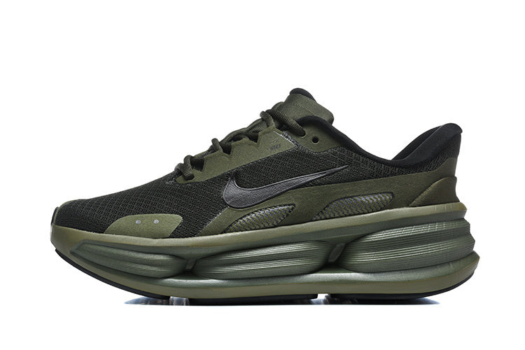 Side view of an olive and black Nike running shoe with a dark Swoosh and sculpted sole.