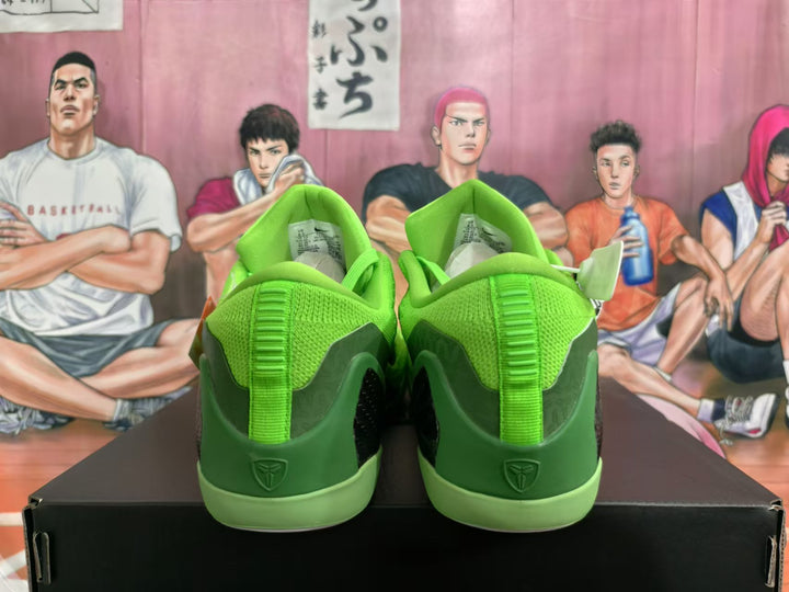 Rear view of bright green basketball shoes with dark green heel counters