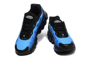 Pair of blue and black Nike Air Max DN8 sneakers viewed from the front.