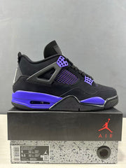 Side profile of the sneaker with the shoebox label visible; the label shows Air Jordan 4 Retro, CT8527 018, and sample size EU 43.