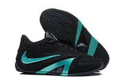Black basketball shoe with green accents beside a view of the patterned outsole
