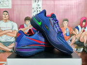 Angled view showing the textured blue upper, bright green heel accent, red side detail, and layered outsole.