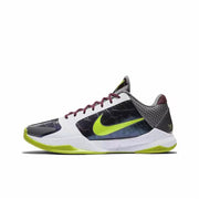 Black and white Kobe 5 basketball sneaker with a lime side swoosh and lime outsole accents.
