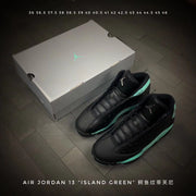 Product image identifying Air Jordan 13 Island Green with a printed EU size list
