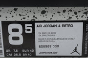 Close-up of the box label showing AIR JORDAN 4 RETRO, color text, style code 626969-030 and EU 42.