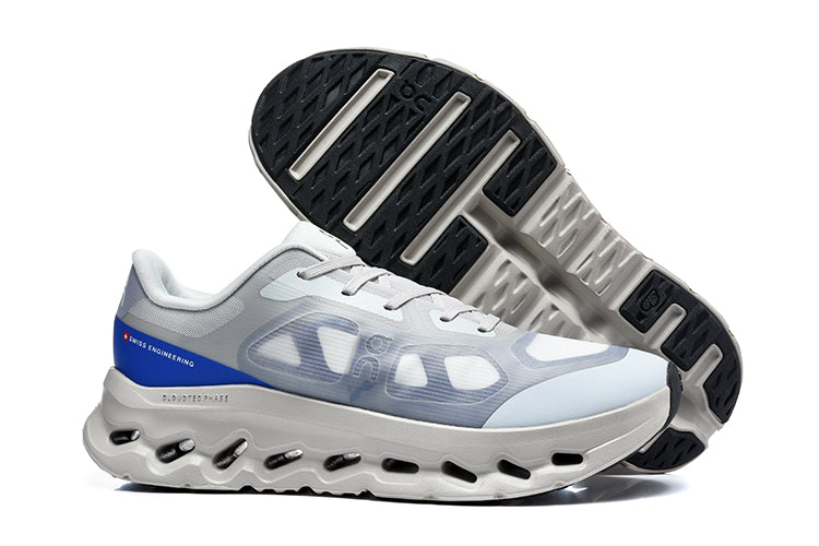 Gray and pale blue On sneakers shown from the side with the outsole visible.