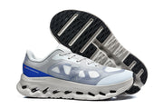 Gray and pale blue On sneakers shown from the side with the outsole visible.