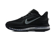 Side view of a black Nike running shoe with grey Swoosh and a visible air-style sole unit.