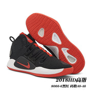 Black Nike Hyperdunk high-top shoe with red accents and red outsole, shown beside the outsole; image text gives style code 8066-6 and size range 40-46.