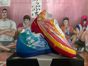 Angled view of the mismatched pair, showing the blue-green shoe beside the red-yellow shoe with contrasting outsoles.