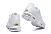 Rear and underside views of white Nike Air Max Plus VI sneakers.