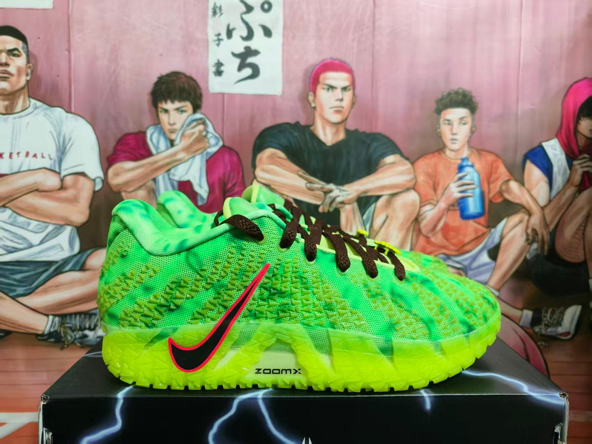 Side view of bright green Nike sneakers with black laces, a black-and-red Swoosh, textured upper, and translucent green outsole.