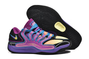 Side view of a purple Nike KD basketball shoe alongside its patterned outsole.