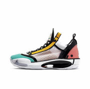 Air Jordan 34 basketball shoe with a white translucent upper, yellow trim, turquoise toe, and coral heel panel.