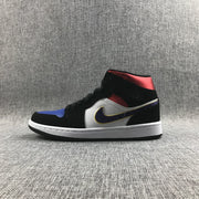 Side profile highlighting the blue toe box, black overlays, white side panel, and purple-yellow side detail.