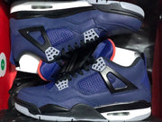 Pair of dark blue Jordan 4 Retro Winter sneakers with black, gray, white, and red accents