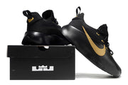 Black and gold sneakers arranged with one shoe resting on a black shoebox.