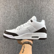 Opposite side profile of the white and brown Jordan Air Jordan 3 sneaker.