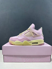 Profile view of a pink Air Jordan 4 Retro sneaker with pale yellow midsole and visible heel Air unit.