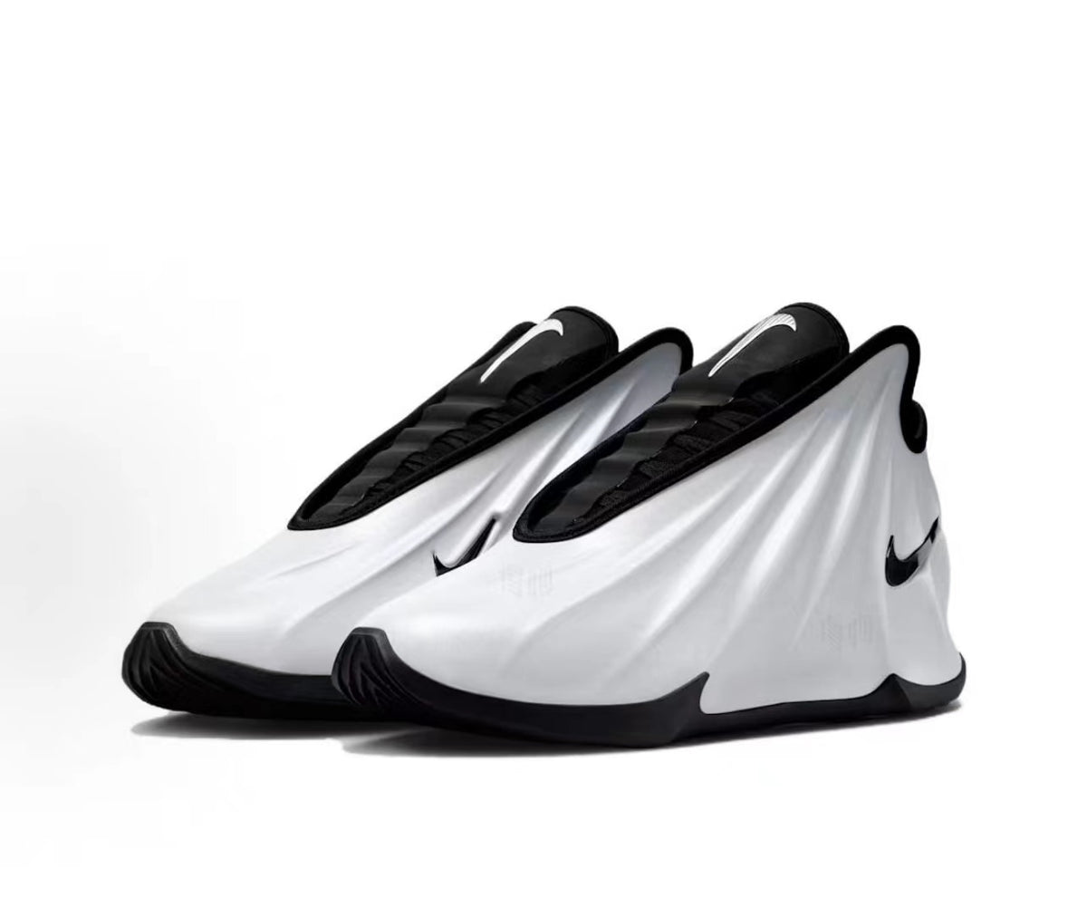 Pair of white and black Nike-branded high-top basketball-style sneakers shown from a three-quarter angle.