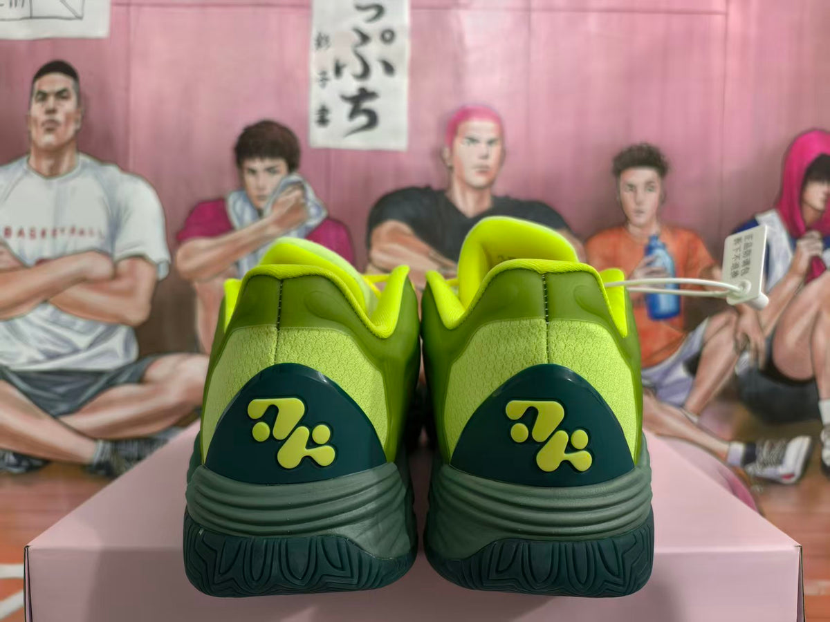 Rear view of bright green and yellow basketball sneakers with dark heel panels and outsole