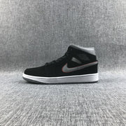 Side profile showing the black high-top upper, grey Swoosh, white midsole and grey outsole.
