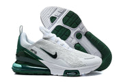 Nike Air Max 270 sneakers shown from the side and outsole, highlighting dark green and white details.