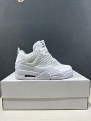 Side profile of a single white Jordan Air Jordan 4 Net sneaker displayed on its shoebox.