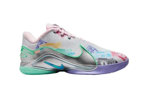 Side view of multicolor Nike LeBron 22 basketball shoes with gray, pink, teal, green, and purple details