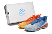 The blue and orange mismatched sneakers displayed beside a shoebox.