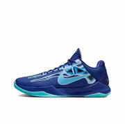 Blue low-top Kobe 5 basketball shoe with a light blue side swoosh and turquoise outsole.