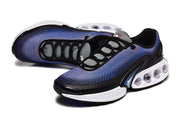 Angled top and side views of black and blue Nike sneakers