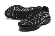 Pair of black and silver Nike Air Max Plus sneakers with blue Swoosh accents