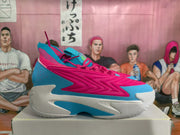 Side view showing the pink textured upper, blue heel and sculpted white-and-blue midsole.