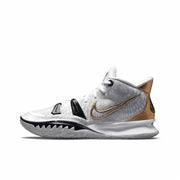 White Nike Kyrie 7 basketball sneaker with gold Swoosh branding, gold heel accents, and a black-and-white outsole.